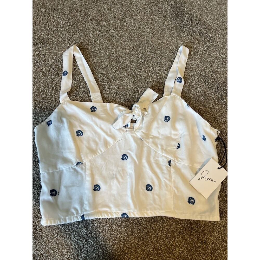 Japna Shell Crop Top White Blue Shells Size Large NWT Beachwear Vacation Tropic